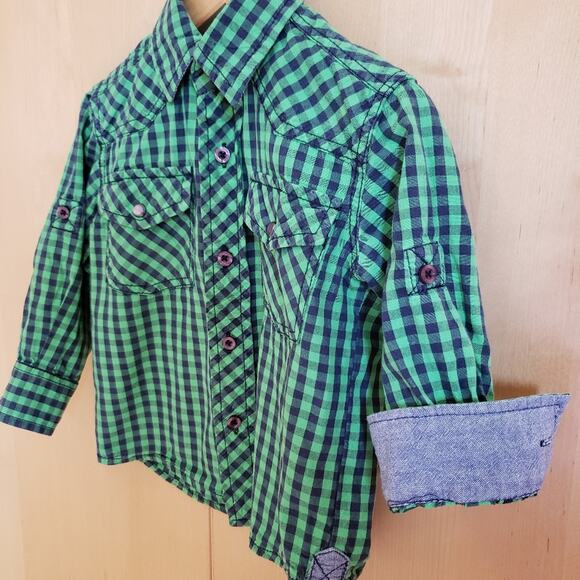 PD&C Toddler Button Down Shirt Green Plaid Long Sleeve Boys Size 2T - Picture 2 of 4